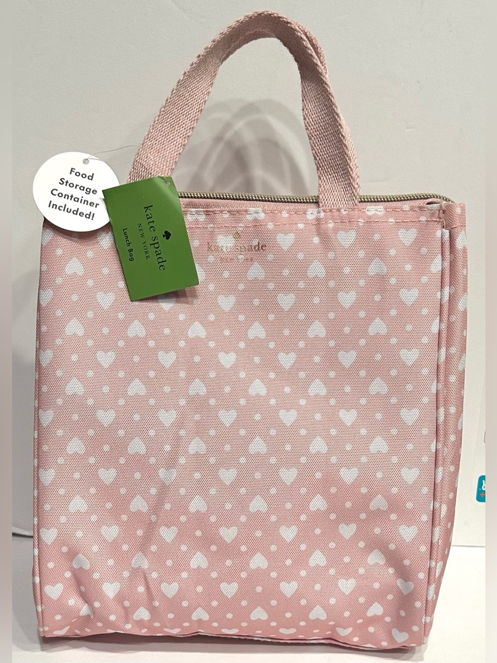 NEW Kate Spade New York Pink/White Heart Lunch Bag w/ Handle Zipper + Container